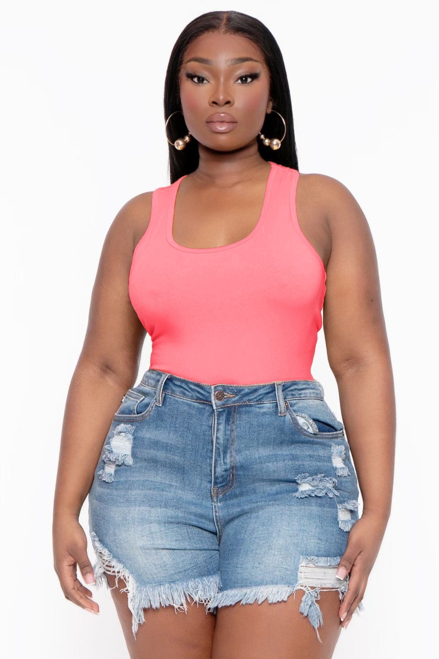 Tops Zenana | Plus Size Racerback Tank Bodysuit Neon Coral