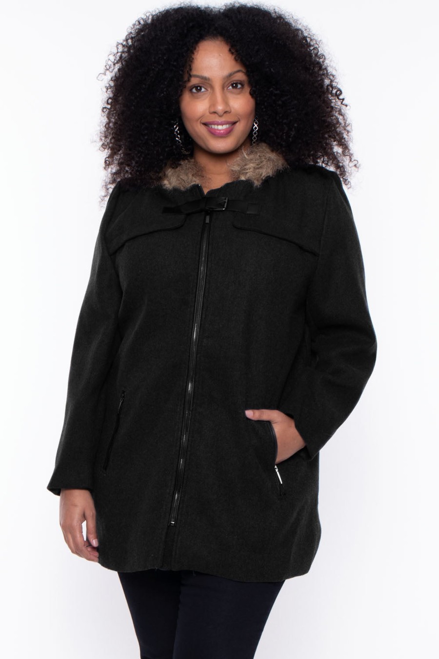 Outerwear Mirage Fashion Of NY | Plus Size Faux Fur Hooded Coat Black