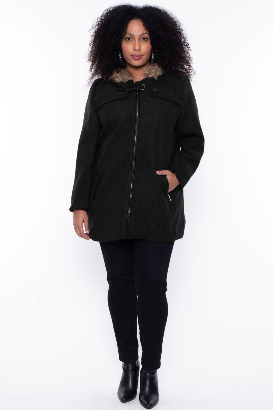 Outerwear Mirage Fashion Of NY | Plus Size Faux Fur Hooded Coat Black