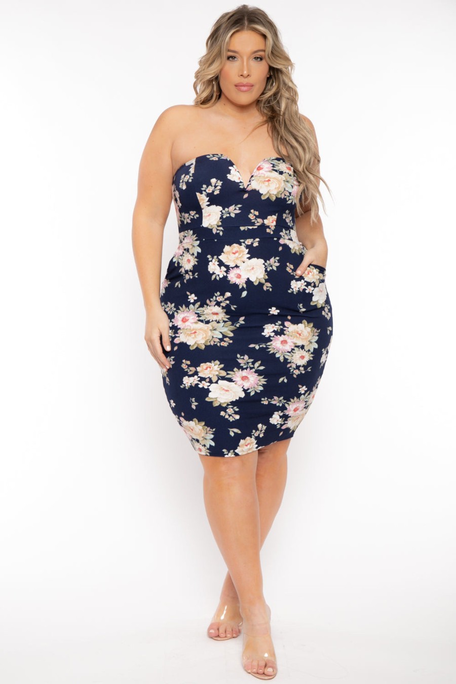 Dresses Curvy Sense | Plus Size Floral Print Bodycon Dress Navy