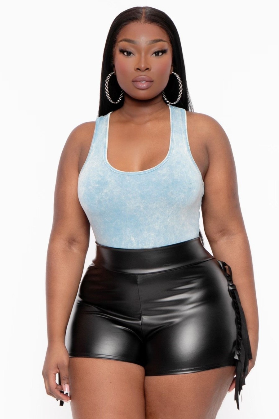 Bottoms D ROCK | Plus Size Faux Leather Fringe Shorts Black