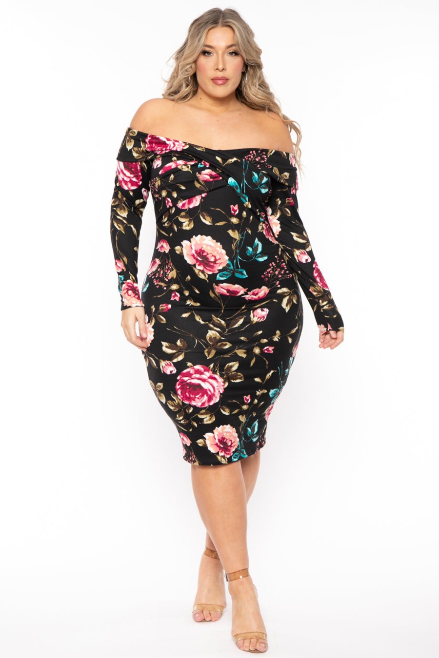 Little Black Styles Curvy Sense | Plus Size Lydia Floral Midi Dress Black