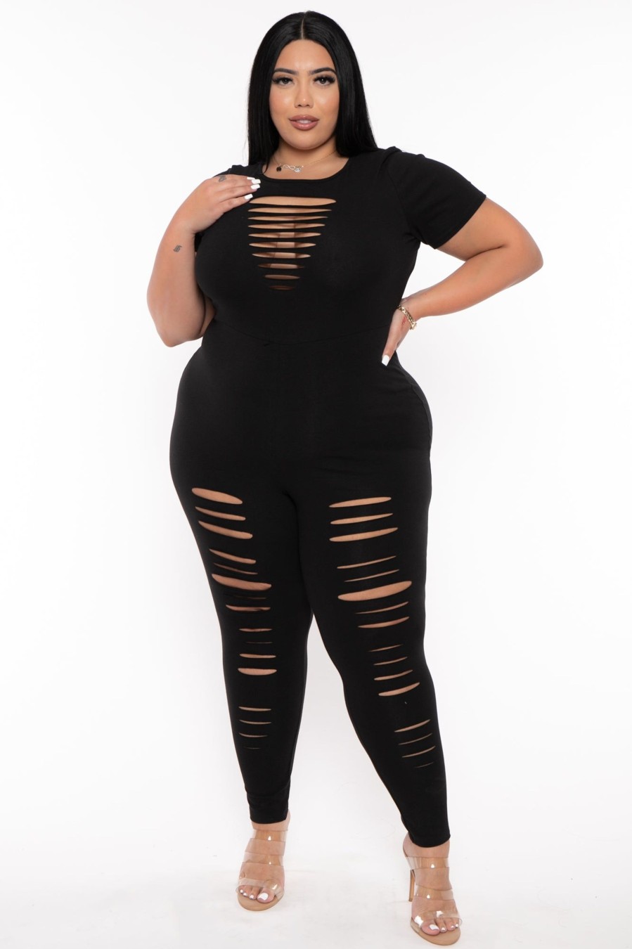 Jumpsuits & Rompers Curvy Sense | Plus Size Lola Distress Jumpsuit Black