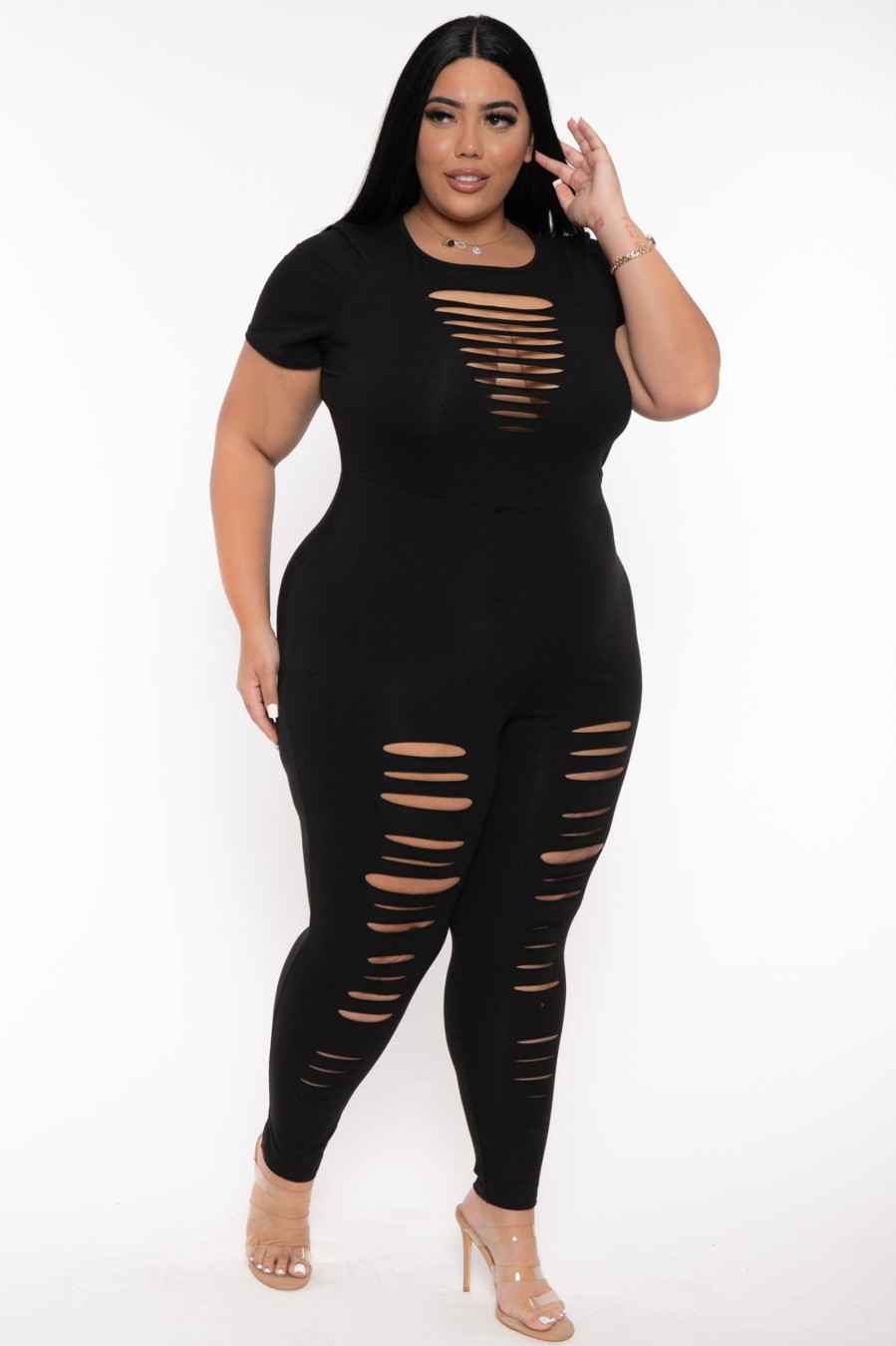 Jumpsuits & Rompers Curvy Sense | Plus Size Lola Distress Jumpsuit Black