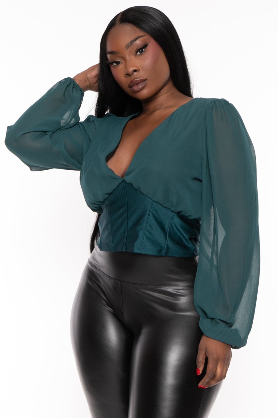 Tops Curvy Sense | Plus Size Priya Chiffon Top Green