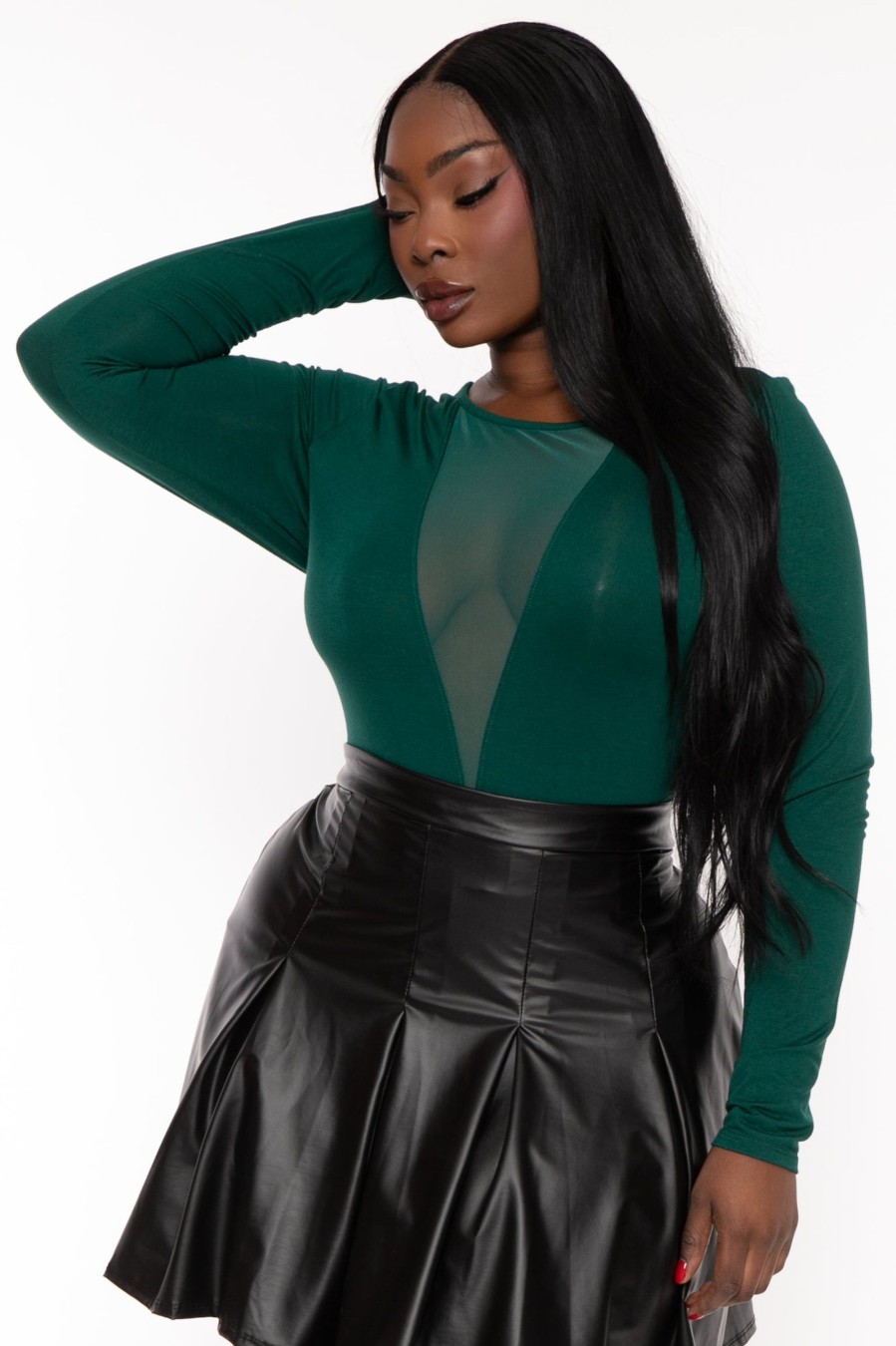 Tops Curvy Sense | Plus Size Nicki Mesh Bodysuit Green