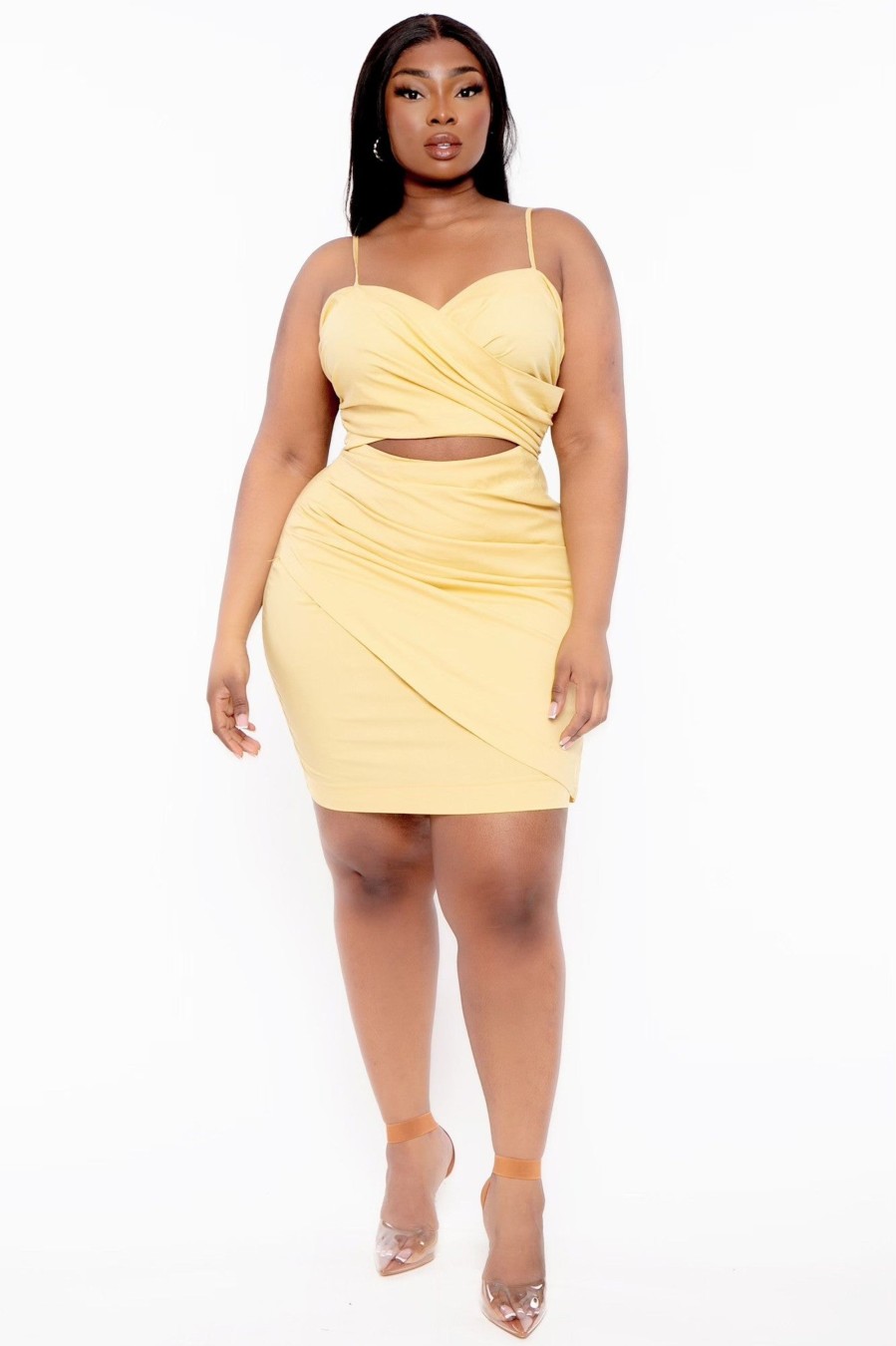 Dresses Find Me | Plus Size Amanda Front Wrap Dress Mustard