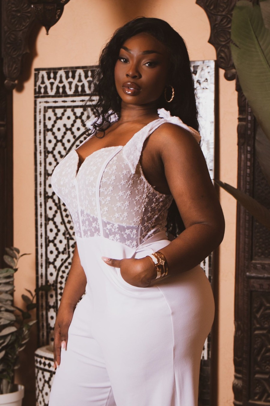 Jumpsuits & Rompers Curvy Sense | Plus Size Esme Lace Top Jumpsuit White