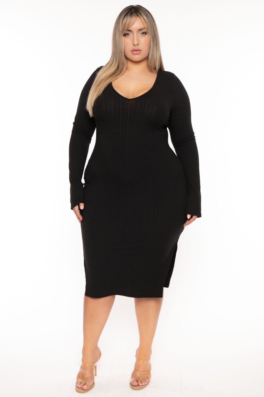 Little Black Styles Curvy Sense | Plus Size Adeline Ribbed Midi Dress Black