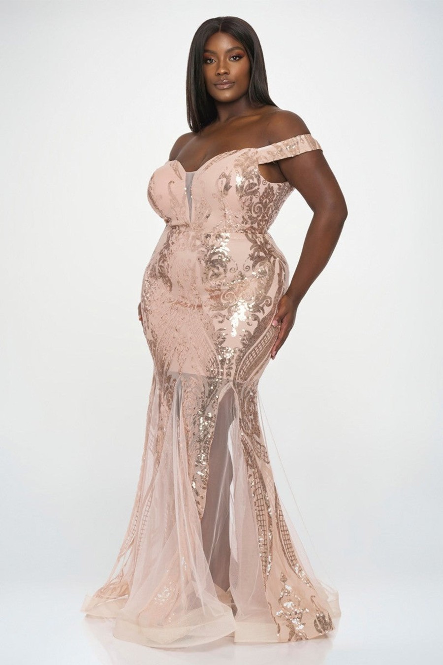 Dresses RICARICA | Plus Size Lucia Off The Shoulder Velvet Sequin Gown Champagne