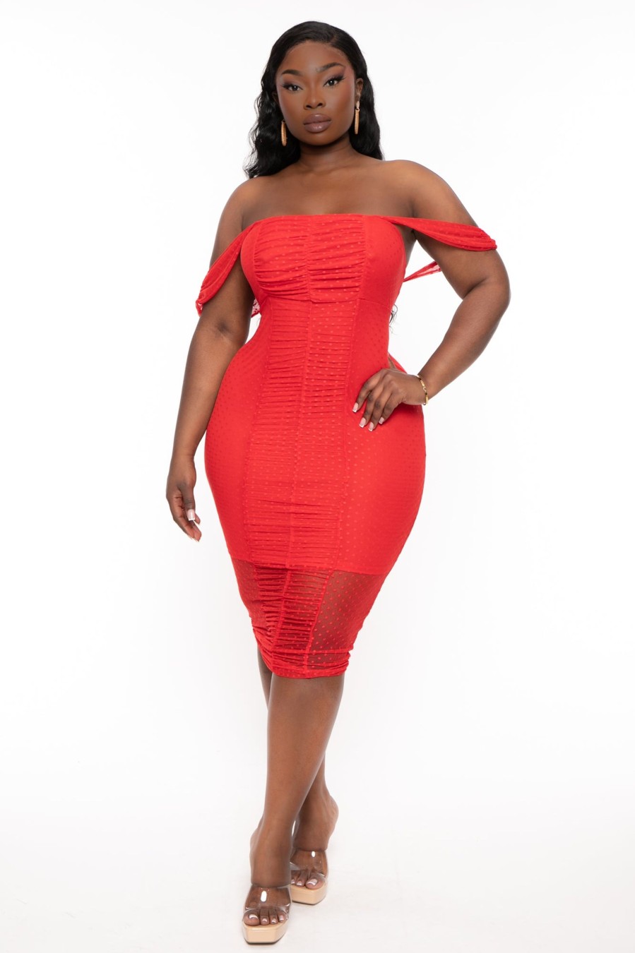 Dresses Curvy Sense | Plus Size Mild Off The Shouder Midi Dress Red