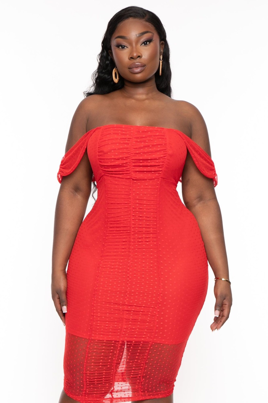 Dresses Curvy Sense | Plus Size Mild Off The Shouder Midi Dress Red