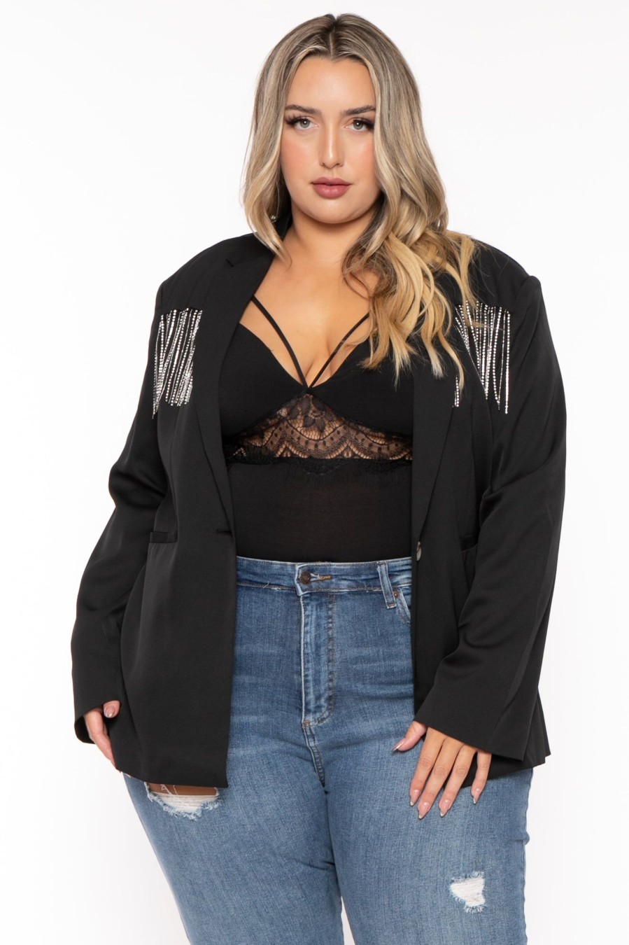 Outerwear GEE GEE | Plus Size Rhinestone Babe Blazer Black