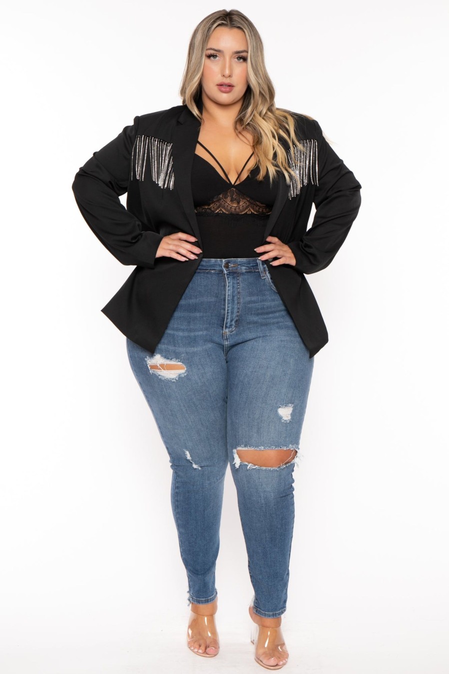 Outerwear GEE GEE | Plus Size Rhinestone Babe Blazer Black