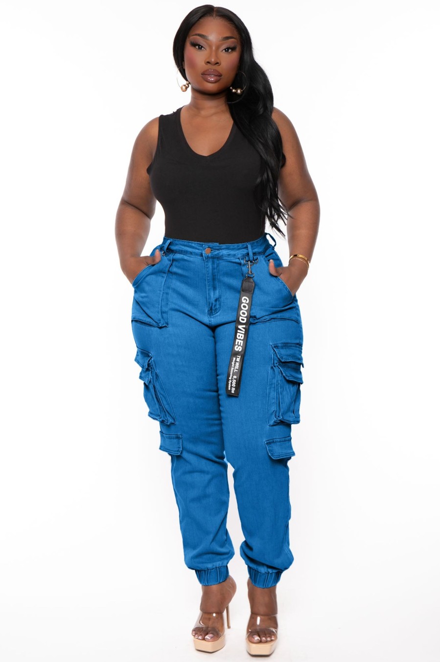 Jeans & Denim American Bazi | Plus Size High Rise Utility Pockets Denim Jogger Blue