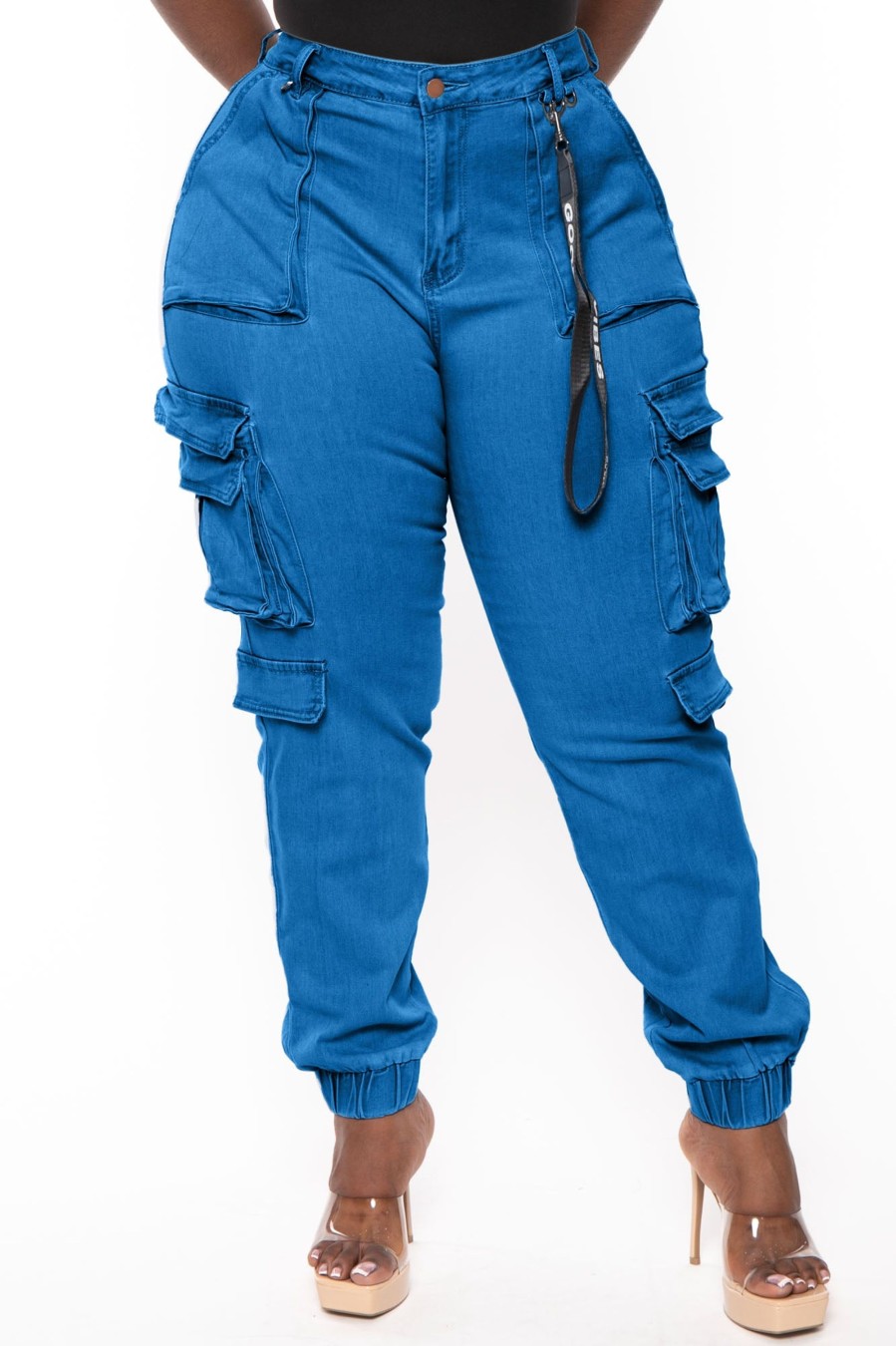 Jeans & Denim American Bazi | Plus Size High Rise Utility Pockets Denim Jogger Blue