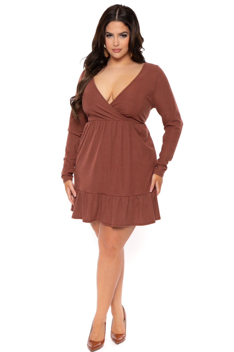 Dresses Curvy Sense | Plus Size Zuri Ribbed Flare Dress Brown