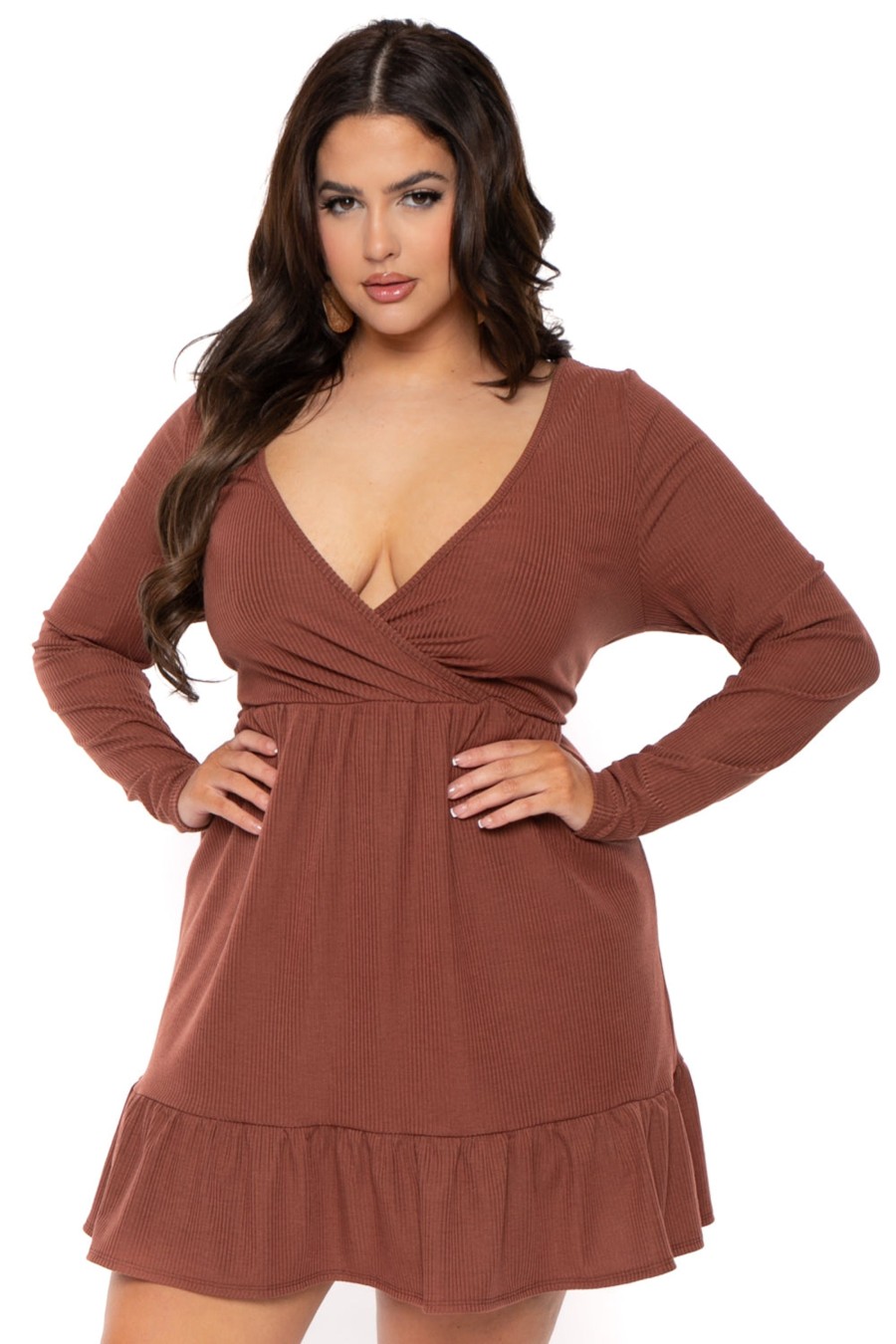 Dresses Curvy Sense | Plus Size Zuri Ribbed Flare Dress Brown