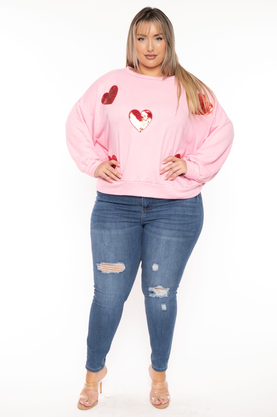 Tops HOPELY | Plus Size Maddi Heart Patch Sweater Pink