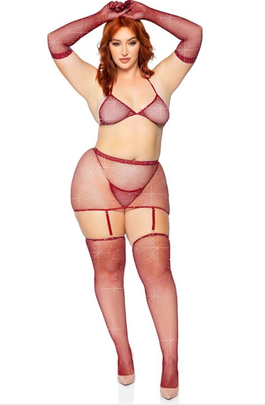 Intimates DOONA DI CAPRI | Plus Size 5 Pc Fishnet Rhinestone Set Burgundy