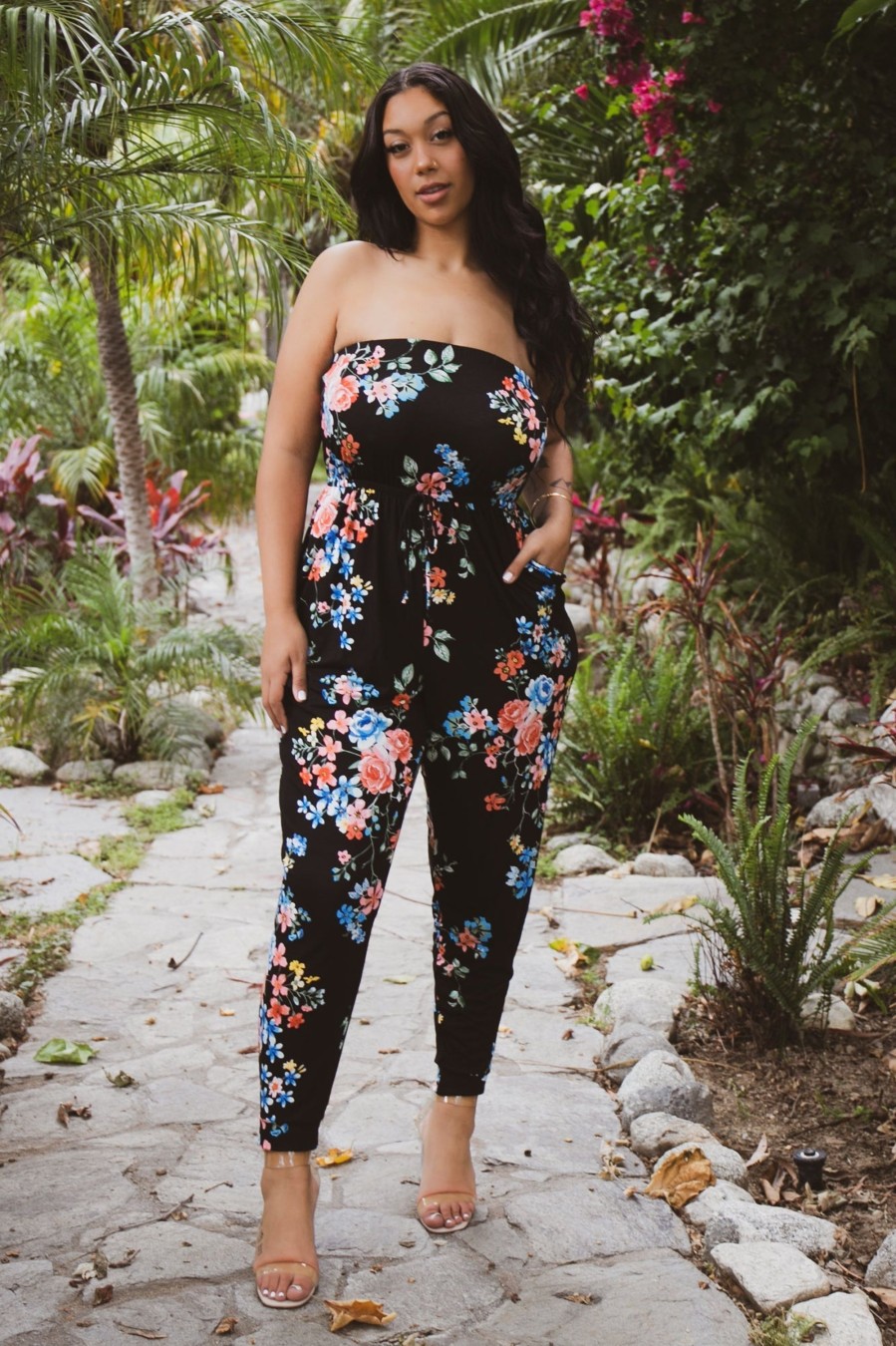 Jumpsuits & Rompers Curvy Sense | Plus Size Dilma Strapless Floral Jumpsuit Black