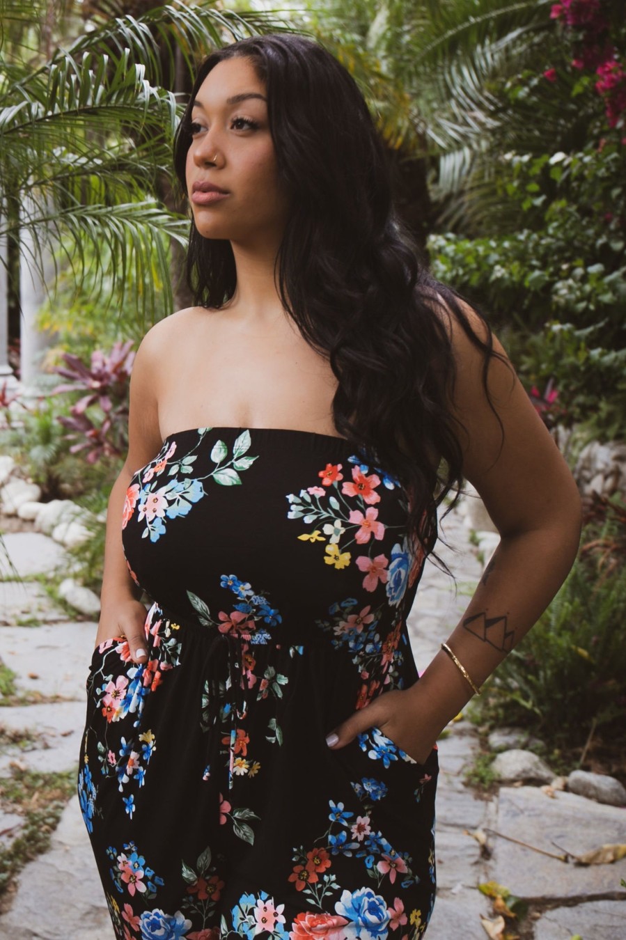 Jumpsuits & Rompers Curvy Sense | Plus Size Dilma Strapless Floral Jumpsuit Black