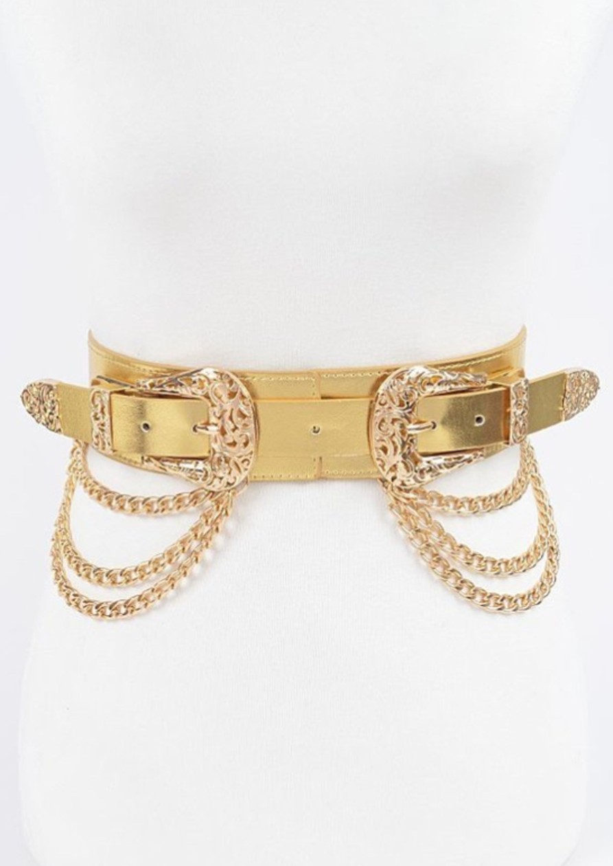 Accessories Hu0026D | Plus Size Two Buckle Chain Waist Belt Gold