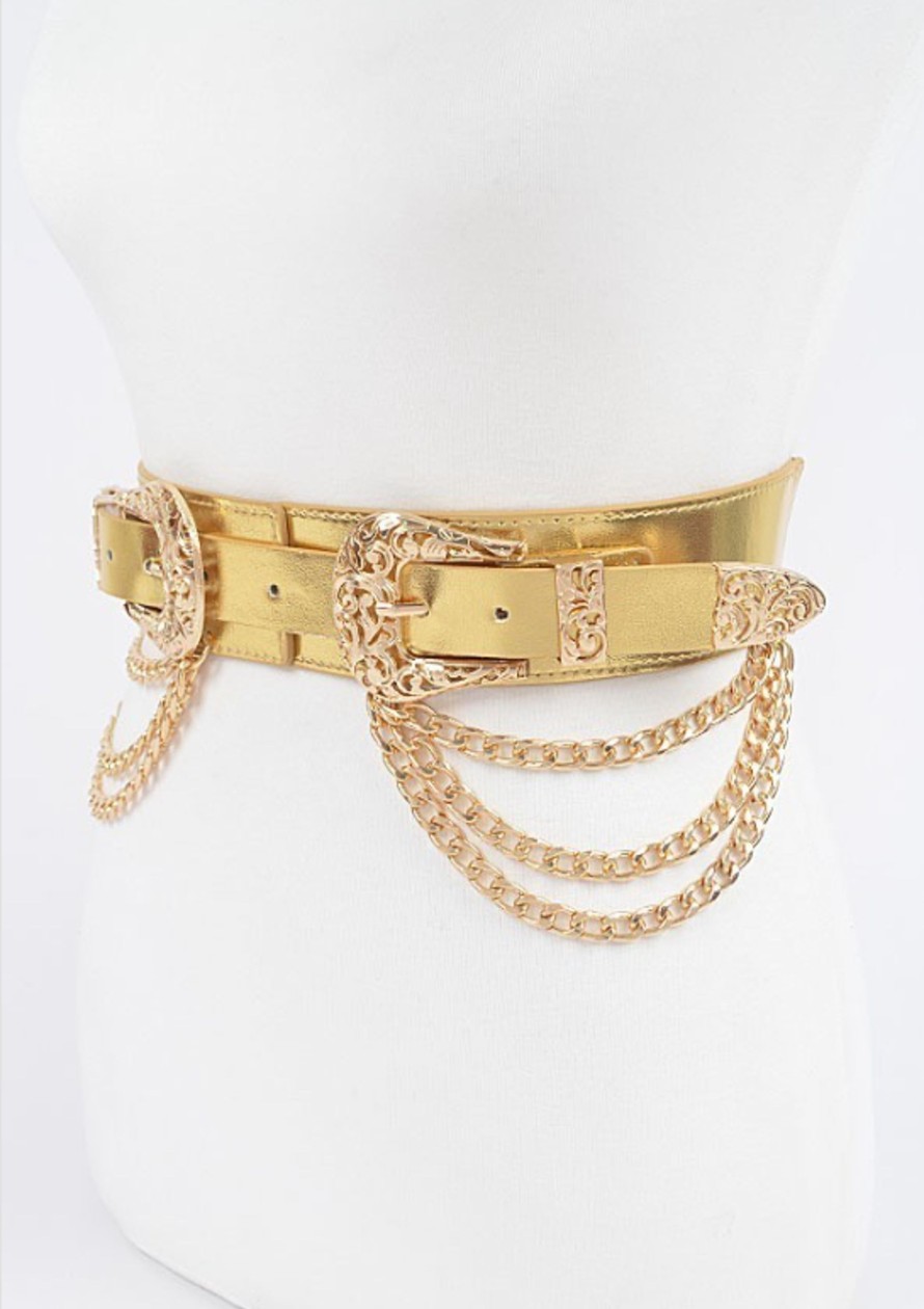 Accessories Hu0026D | Plus Size Two Buckle Chain Waist Belt Gold