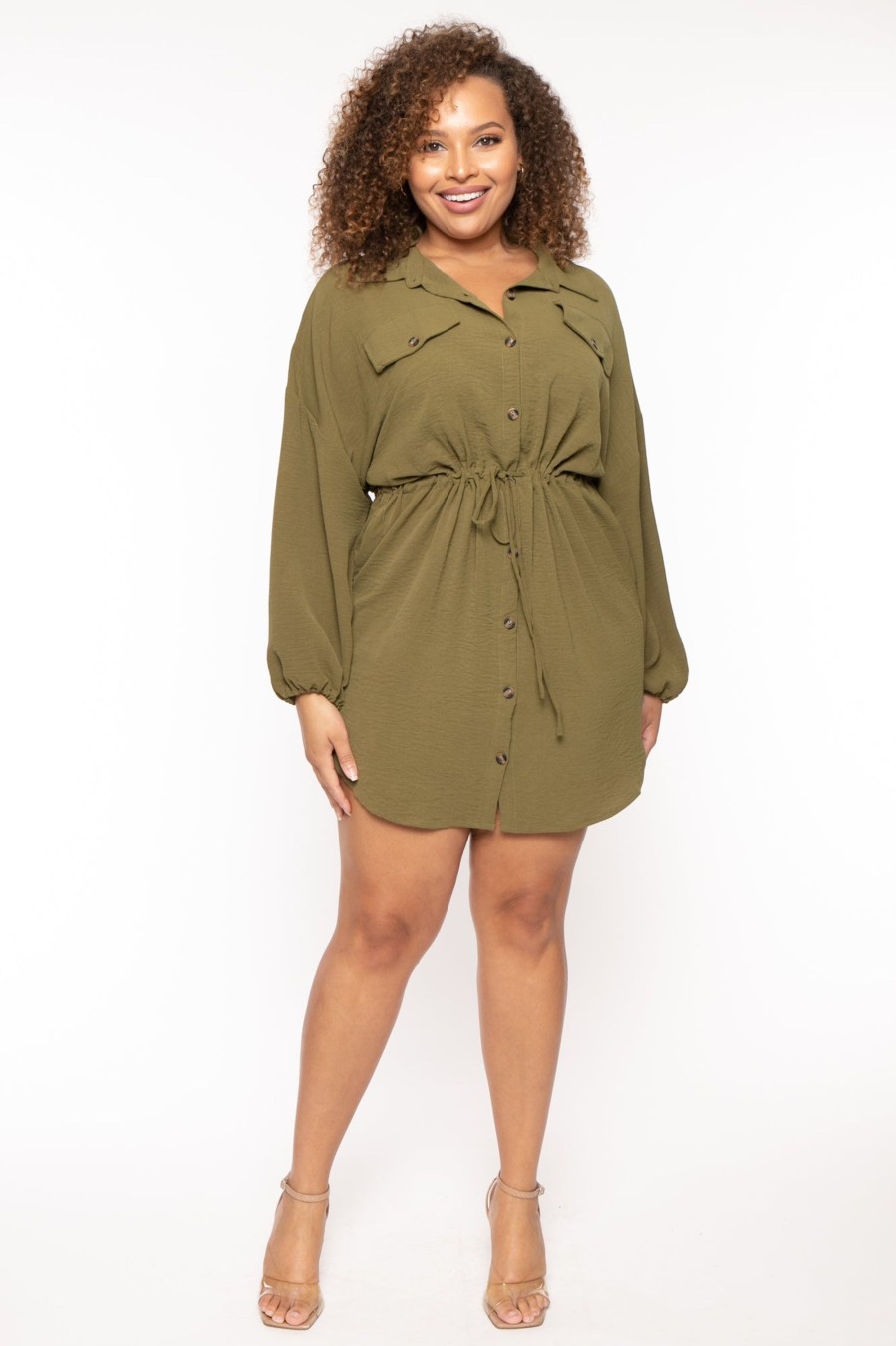 Dresses CULTURE CODE | Plus Size Donnie Drawstring Shirt Dress Olive