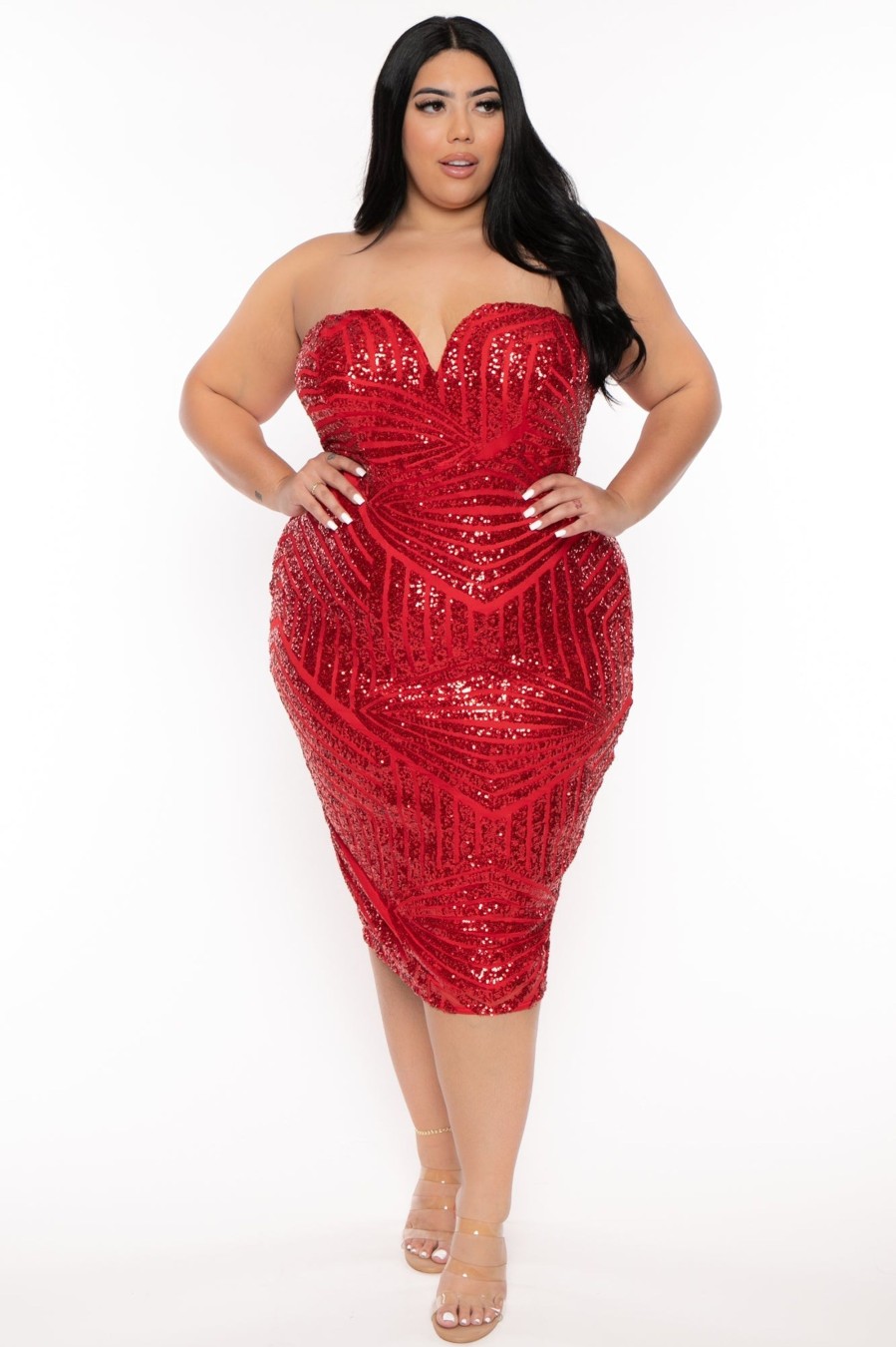 Dresses Curvy Sense | Plus Size Dallyn Sequin Dress Red