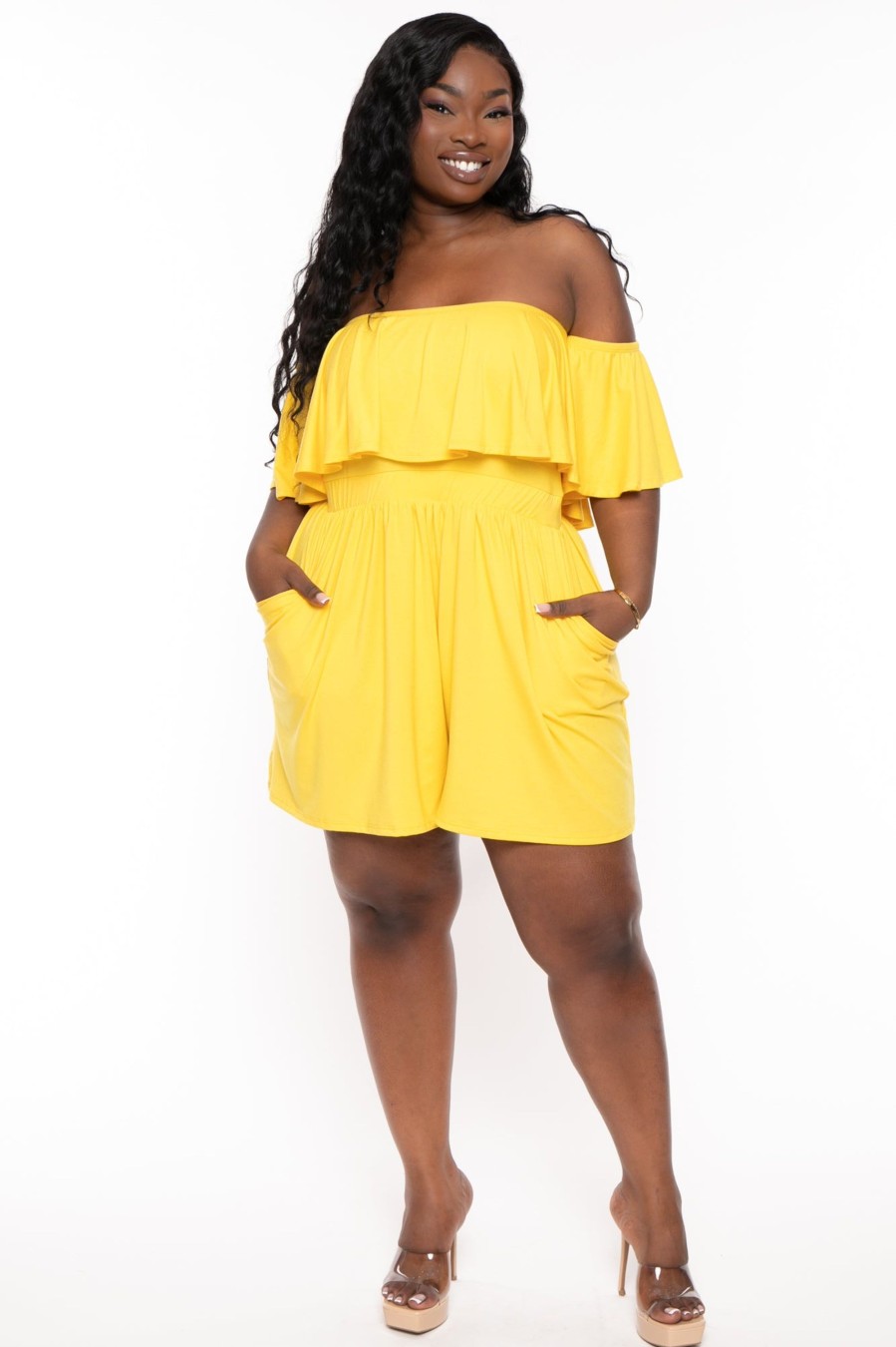 Jumpsuits & Rompers Curvy Sense | Plus Size Afina Off The Shoulder Romper Yellow