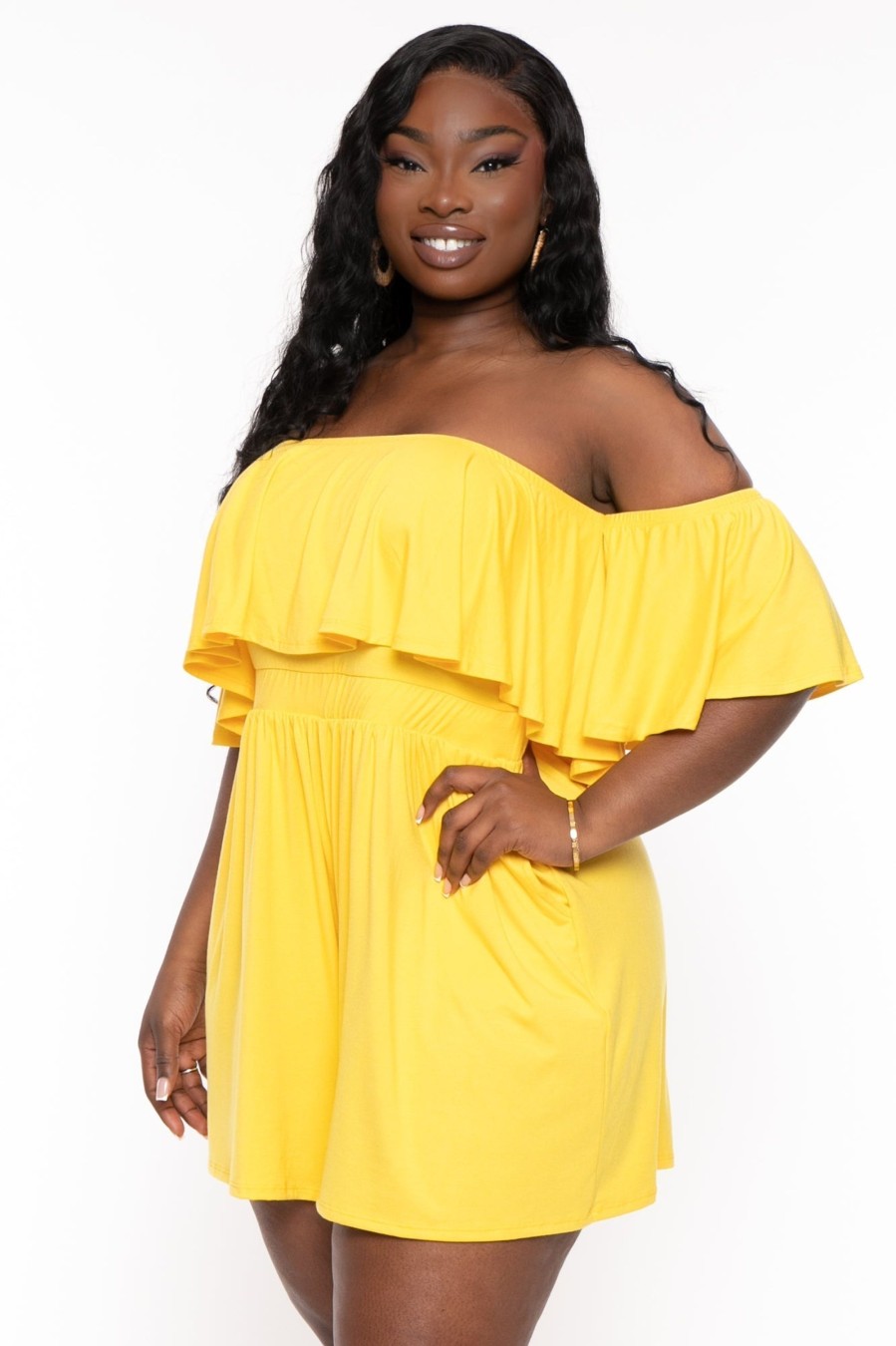 Jumpsuits & Rompers Curvy Sense | Plus Size Afina Off The Shoulder Romper Yellow