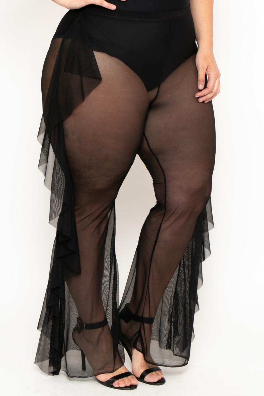 Bottoms Curvy Sense | Plus Size Sheer Mesh Ruffle Pants Black