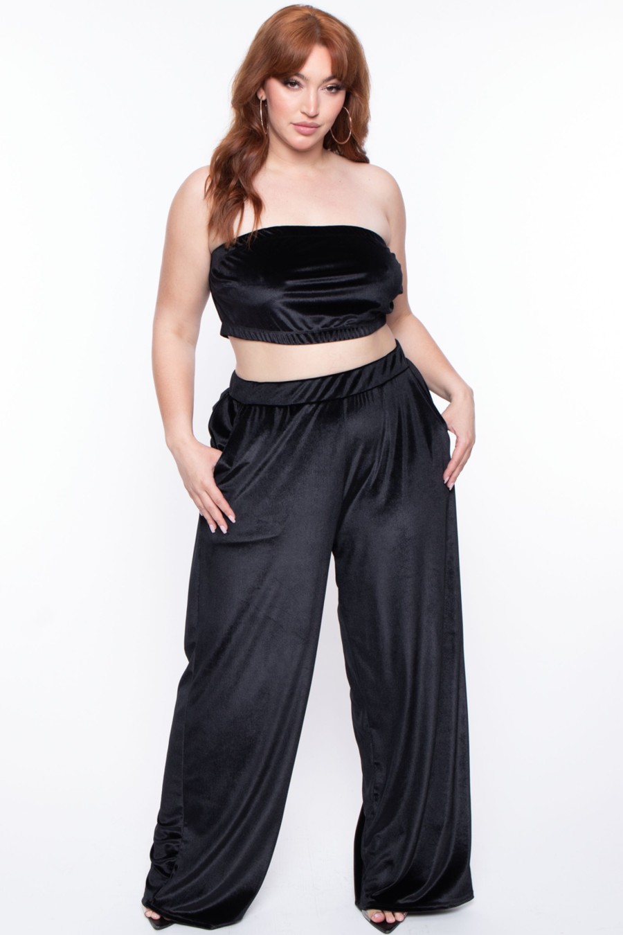 Matching Sets Curvy Sense | Plus Size Eloise Velour Bandeau U0026 Pant Set Black