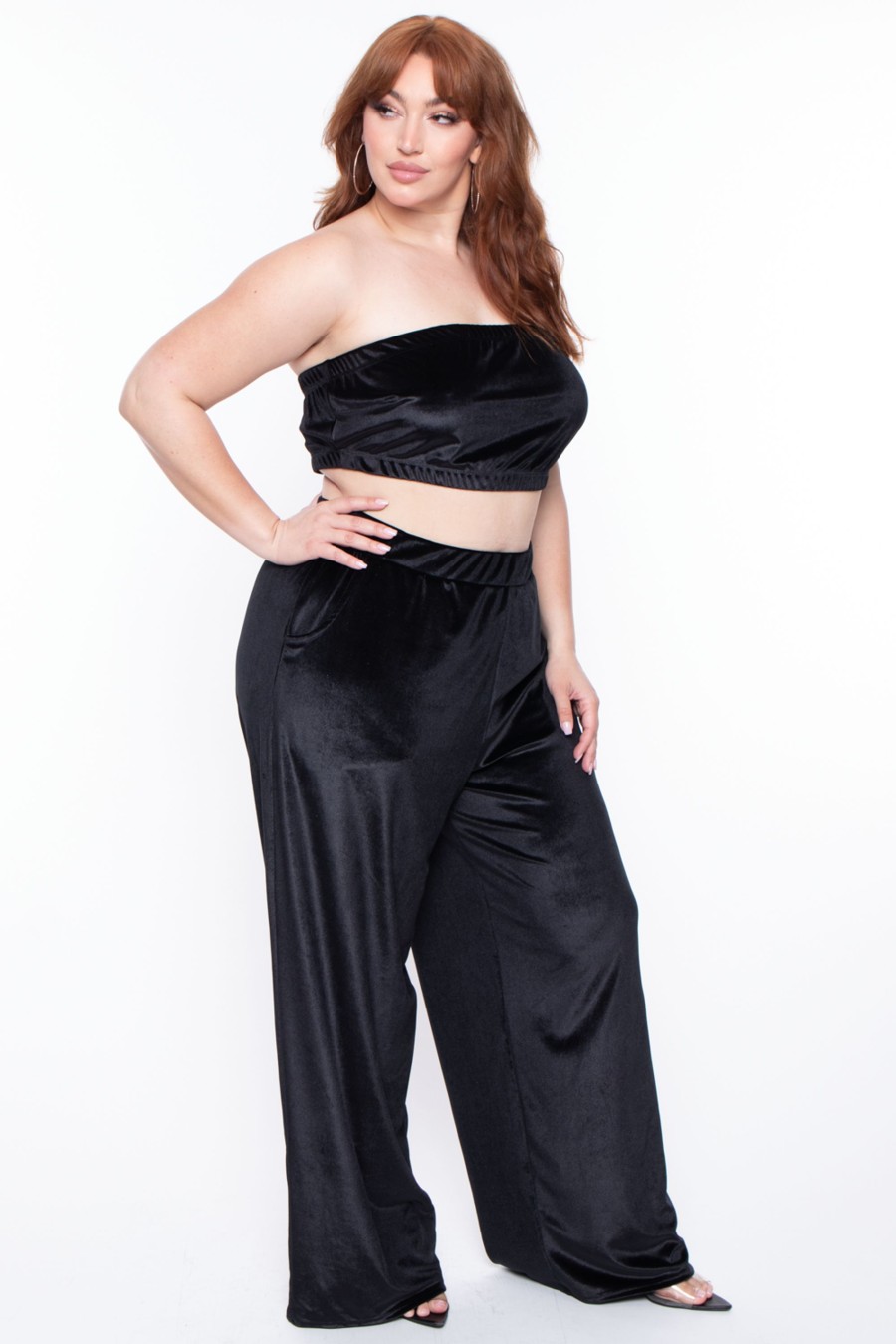 Matching Sets Curvy Sense | Plus Size Eloise Velour Bandeau U0026 Pant Set Black