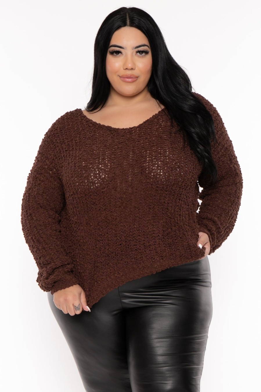 Tops Sweet Generis | Plus Size Ribbed Popcorn Knit Sweater Brown