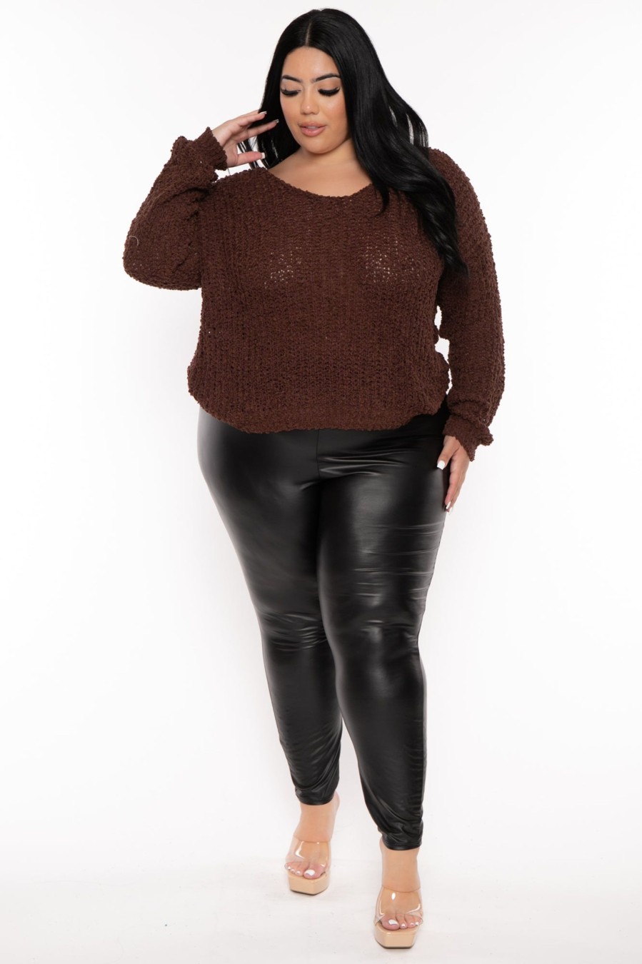 Tops Sweet Generis | Plus Size Ribbed Popcorn Knit Sweater Brown