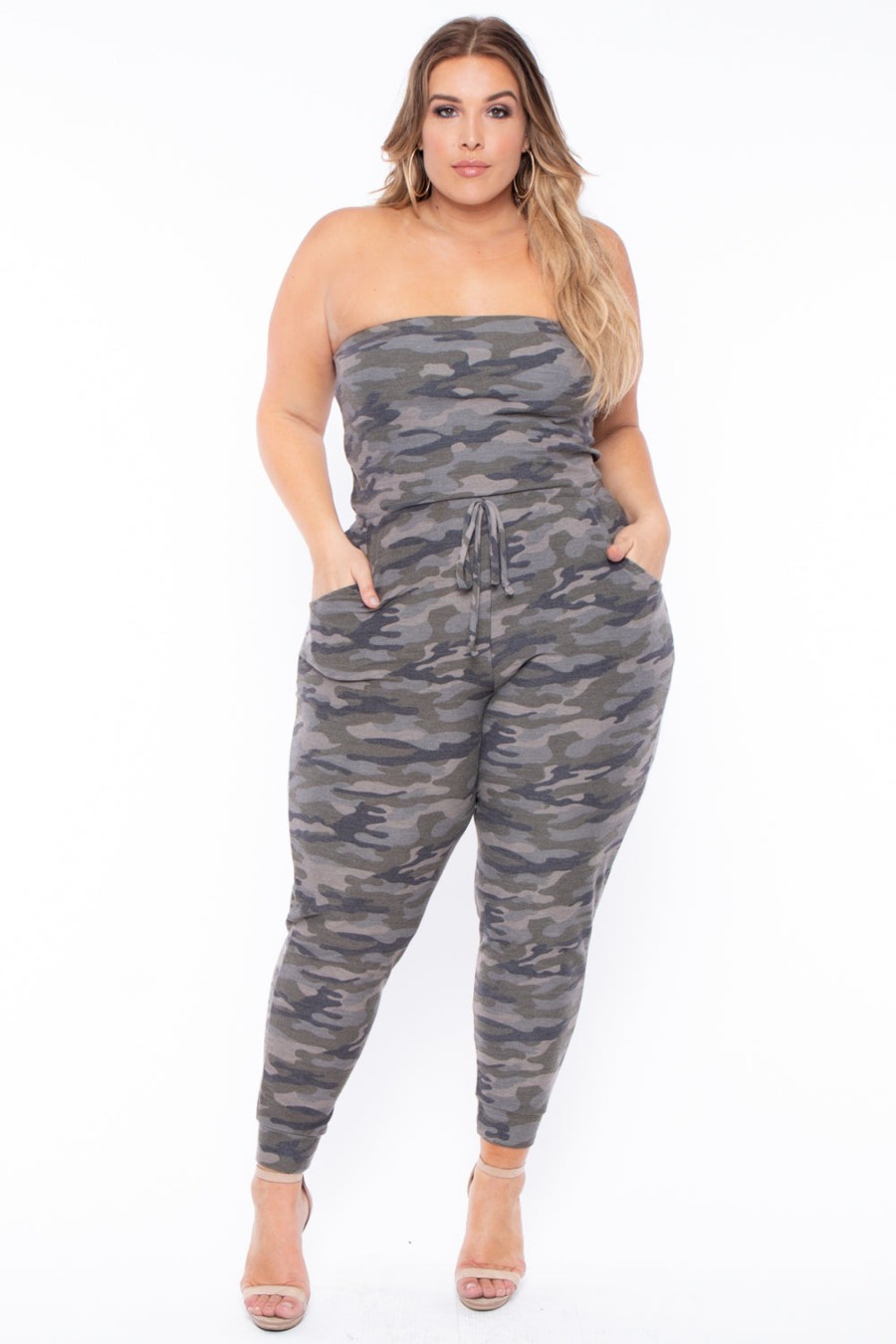 Jumpsuits & Rompers Curvy Sense | Plus Size Viviana Strapless Jumpsuit Camo