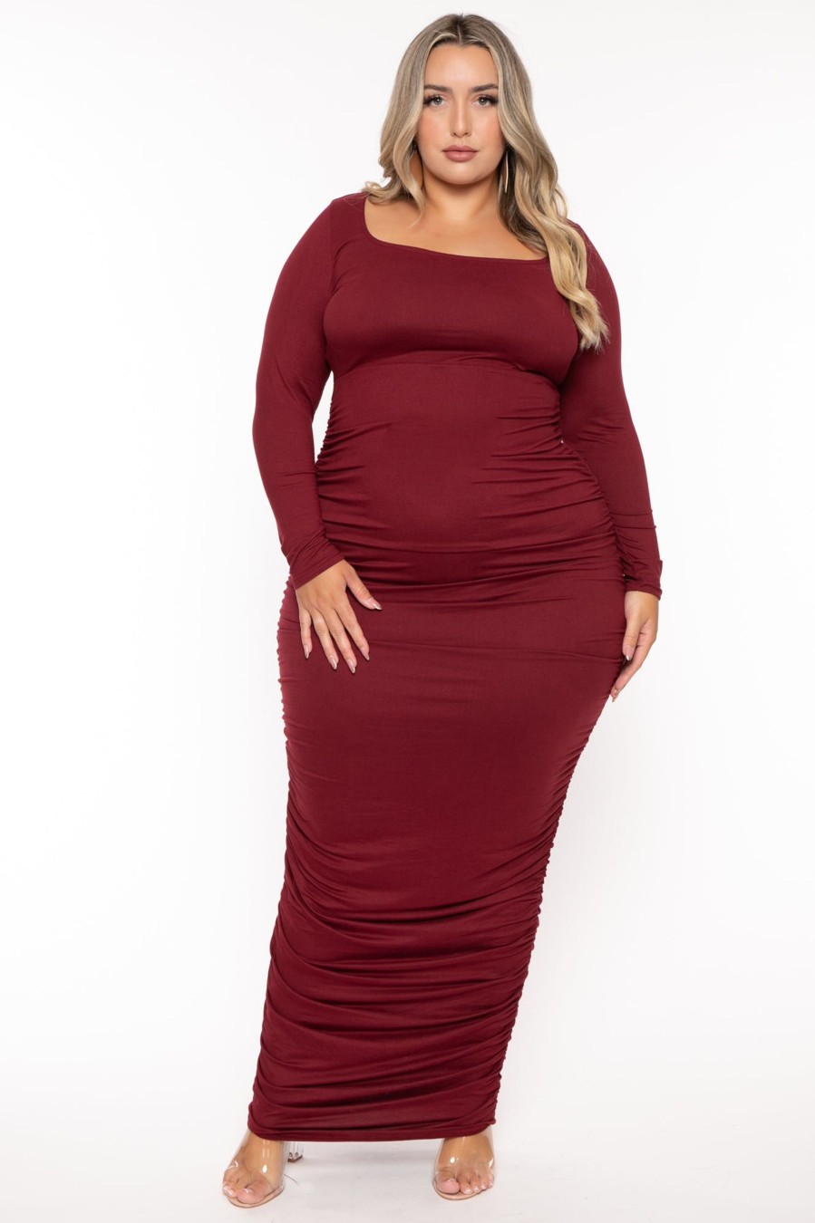 Dresses The Curve LA | Plus Size Sophie Shirred Bodycon Maxi Dress Burgundy