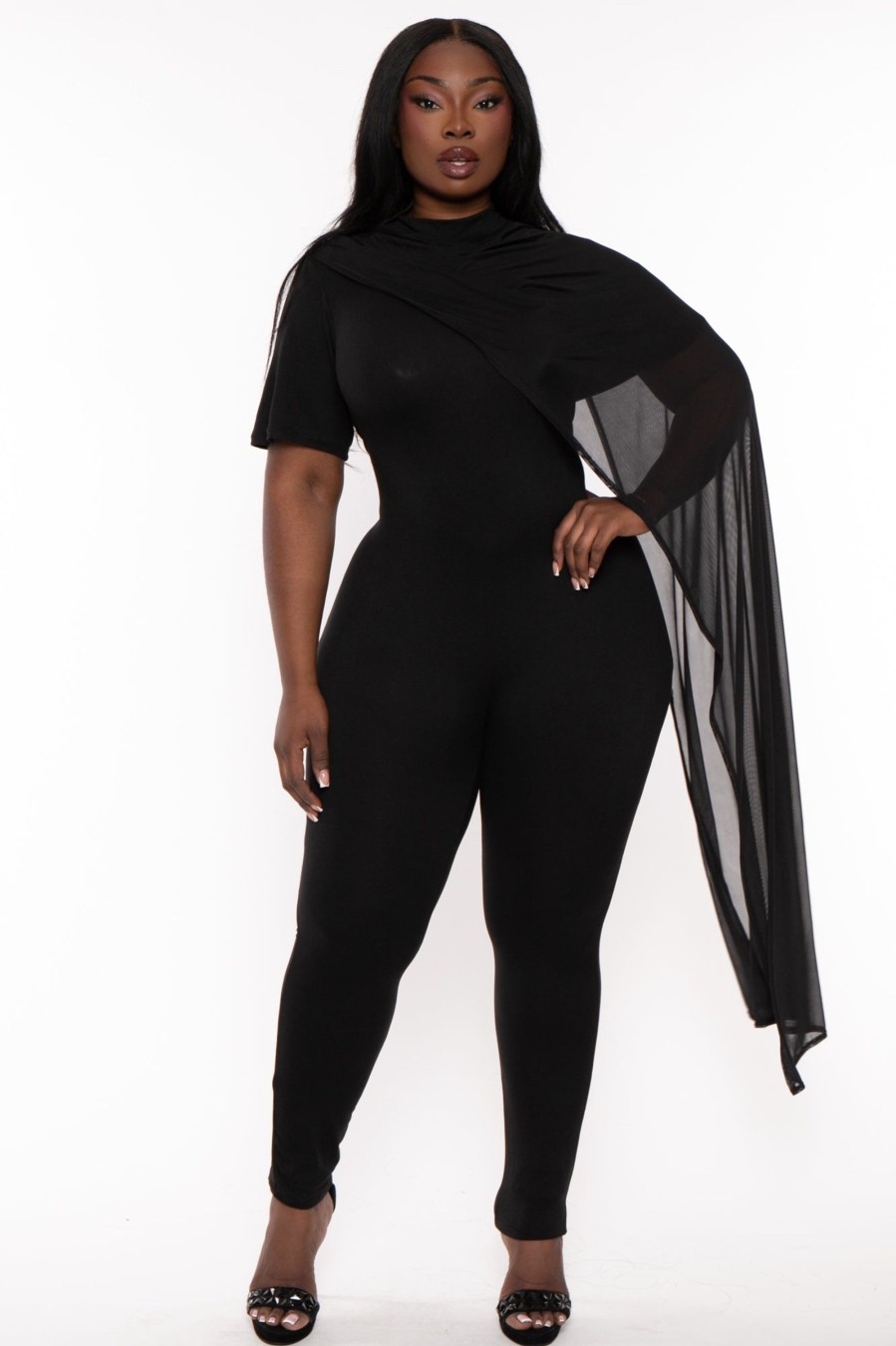 Little Black Styles J2 FASHION | Plus Size Drea Mesh Drape Jumpsuit Black