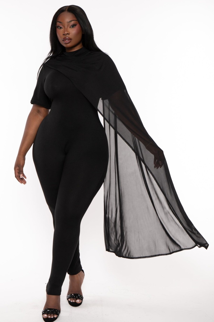 Little Black Styles J2 FASHION | Plus Size Drea Mesh Drape Jumpsuit Black