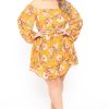 Dresses Curvy Sense | Plus Size Jolene Chiffon Floral Dress Mustard