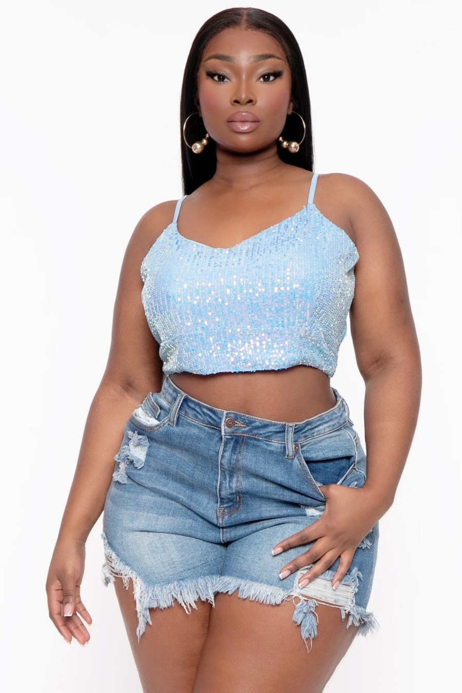 Tops GEE GEE | Plus Size Sequins Cropped Top Blue