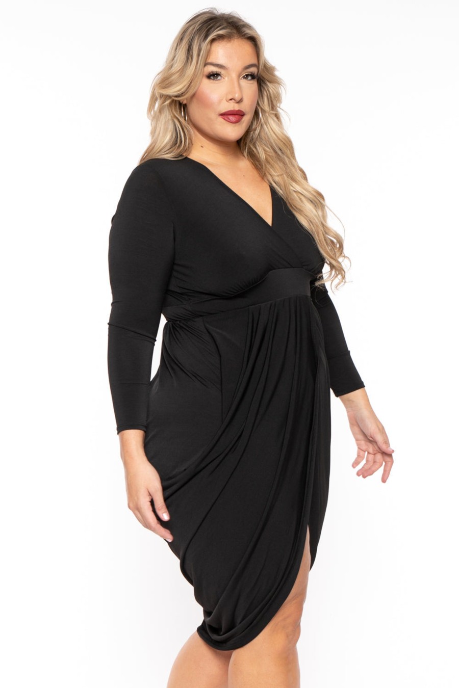 Dresses Solid | Plus Size Clarissa Asymmetric Drape Dress Black