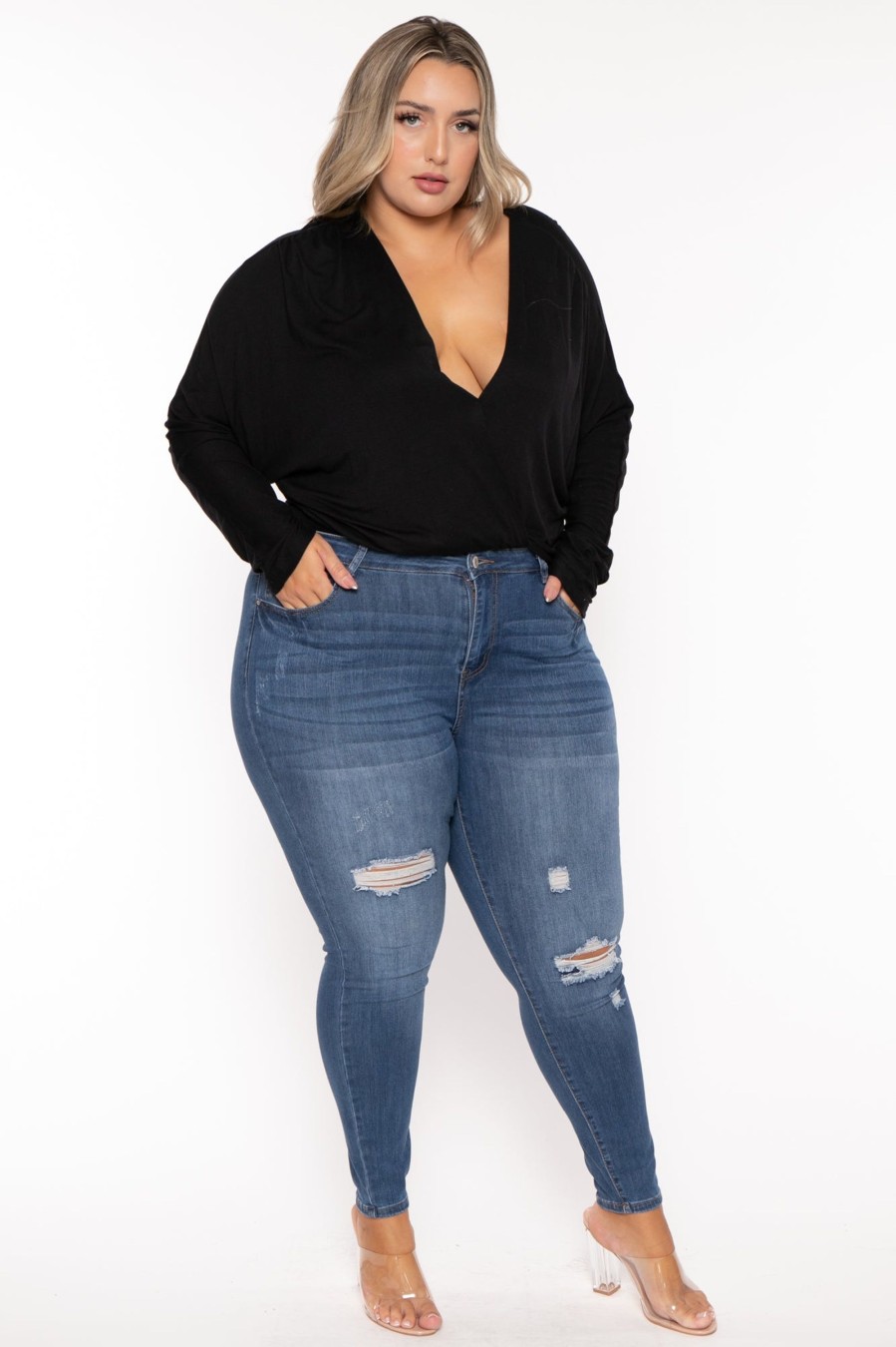 Jeans & Denim Wax Jean | Plus Size Distressed Stretch Skinny Jeans Medium Wash