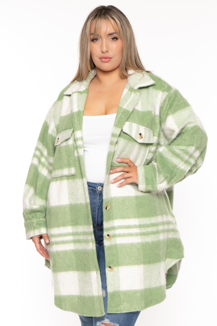 Outerwear GEE GEE | Plus Size Plaid Long Jacket Green