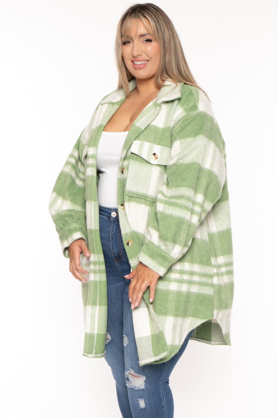 Outerwear GEE GEE | Plus Size Plaid Long Jacket Green