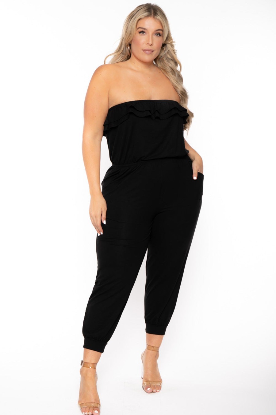 Jumpsuits & Rompers Curvy Sense | Plus Size Strapless Ruffle Capri Jumpsuit Black