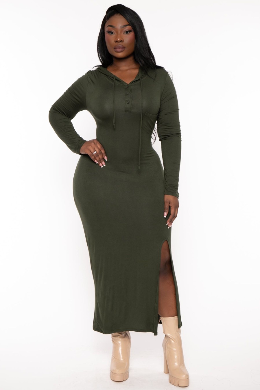 Dresses CULTURE CODE | Plus Size Adrienne Hoodie Maxi Dress Dark Olive