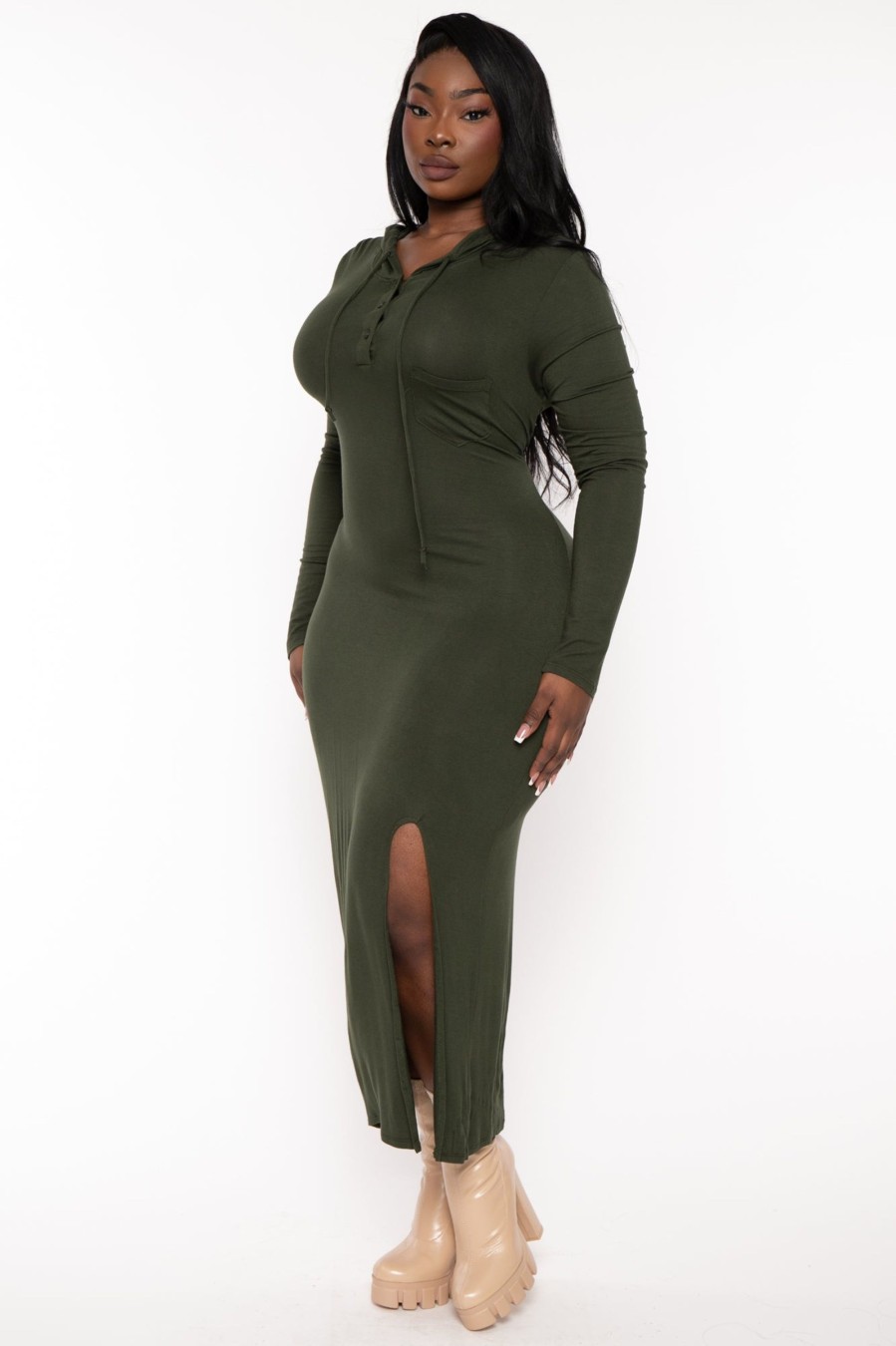 Dresses CULTURE CODE | Plus Size Adrienne Hoodie Maxi Dress Dark Olive